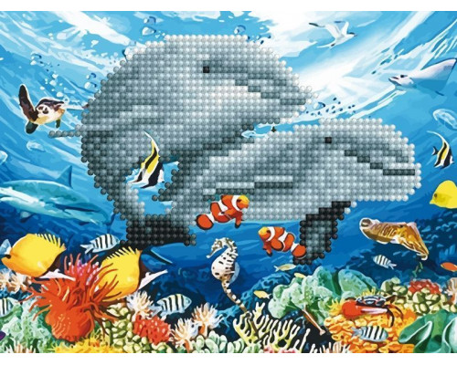 Алмазная мозаика 15х20 ДЕЛЬФИНЫ В МОРЕ (7 цветов)