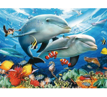 Алмазная мозаика 15х20 ДЕЛЬФИНЫ В МОРЕ (7 цветов)