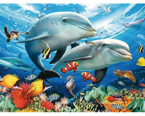 Алмазная мозаика 15х20 ДЕЛЬФИНЫ В МОРЕ (7 цветов)