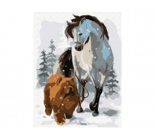 Картина по номерам 15х20 ЛОШАДЬ С СОБАКОЙ НА ПРОГУЛКЕ (13 цветов)