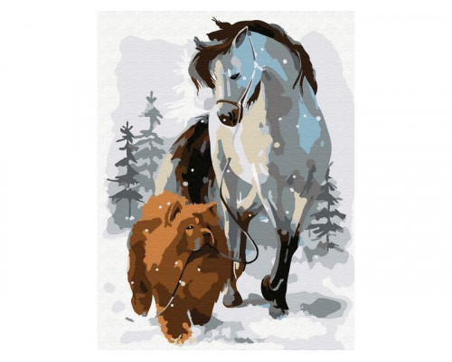 Картина по номерам 15х20 ЛОШАДЬ С СОБАКОЙ НА ПРОГУЛКЕ (13 цветов)
