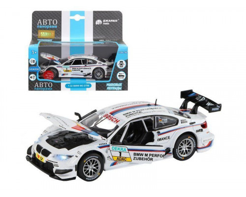 Машина АВТОПАНОРАМА BMW M3 DTM, белый, 1/32, свет, звук, инерция, в/к 17,5*13,5*9 см