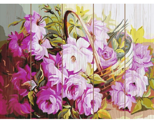 Картина по номерам на дереве 40х50 КОРЗИНА С ЦВЕТАМИ. (27 цветов)