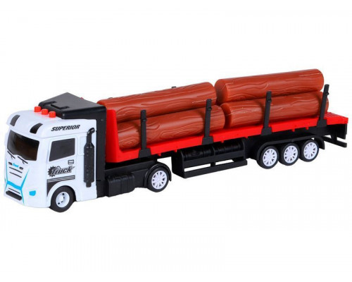 Машина AUTODRIVE Трейлер фрикционный с прицепом с бревнами, свет, звук, белый, в/к 35*6,5*12 см