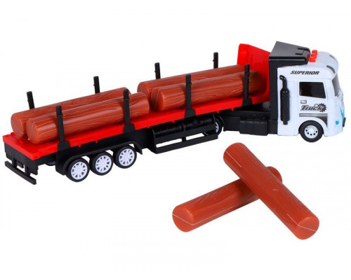 Машина AUTODRIVE Трейлер фрикционный с прицепом с бревнами, свет, звук, белый, в/к 35*6,5*12 см