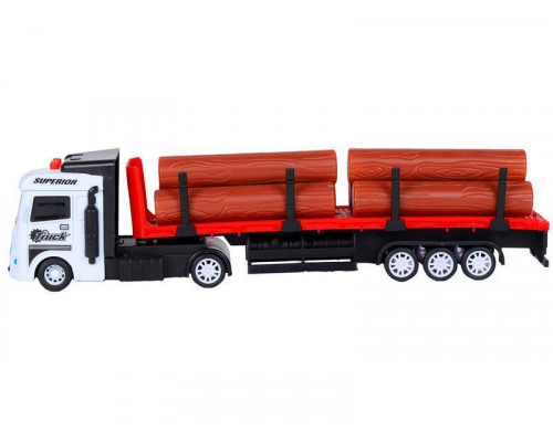 Машина AUTODRIVE Трейлер фрикционный с прицепом с бревнами, свет, звук, белый, в/к 35*6,5*12 см