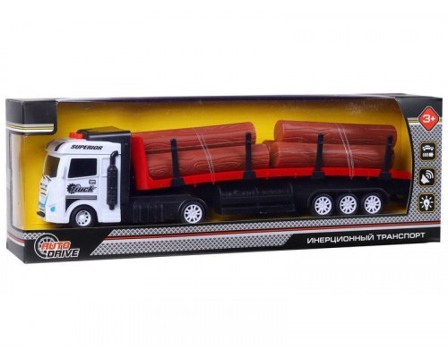 Машина AUTODRIVE Трейлер фрикционный с прицепом с бревнами, свет, звук, белый, в/к 35*6,5*12 см