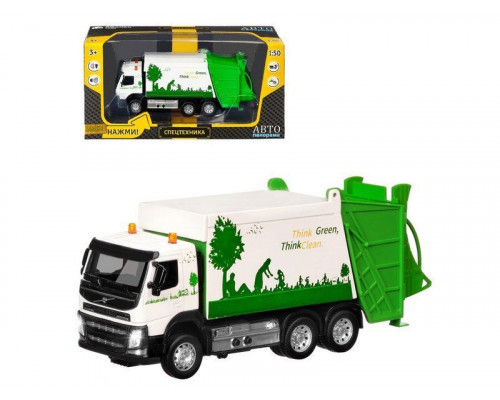 Машина АВТОПАНОРАМА Volvo мусоровоз, белый, 1/50, свет, звук, в/к 28*14*10 см