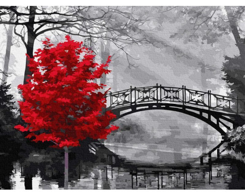 Картина по номерам с цветной схемой на холсте 30х40 КРАСНОЕ ДЕРЕВО В ПАРКЕ (17 цветов)