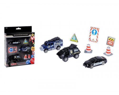 Набор металлических машинок AUTODRIVE Полицейская техника 3шт (машина, джип, бтр), дорожные знаки