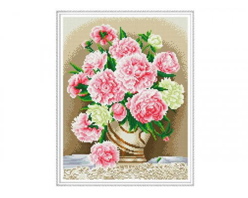 Алмазная мозаика с нанесенной рамкой 40х50 БУЗИН. РОЗОВЫЕ ПИОНЫ (25 цветов)