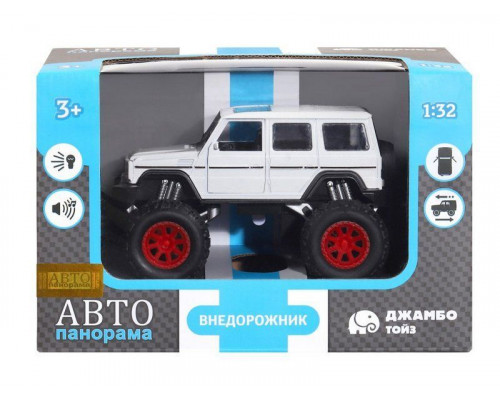 Машина АВТОПАНОРАМА Внедорожник, белый, 1/32, свет, звук, инерция, в/к 19*10*12,5 см