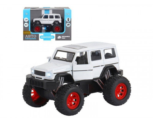 Машина АВТОПАНОРАМА Внедорожник, белый, 1/32, свет, звук, инерция, в/к 19*10*12,5 см
