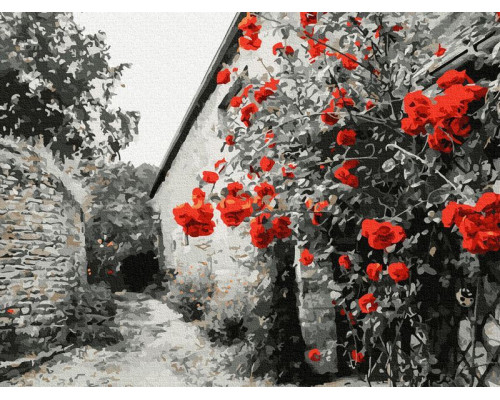 Картина по номерам 40х50 КРАСНЫЕ РОЗЫ НА КАМЕННОЙ СТЕНЕ (18 цветов)