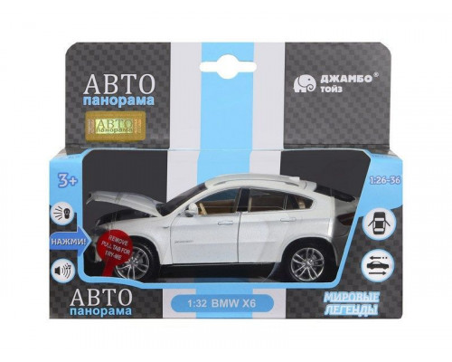 Машина АВТОПАНОРАМА BMW X6, белый, 1/32 , свет, звук, инерция, в/к 17,5*13,5*9 см