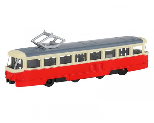 Трамвай Автопанорама, красный, 1/90, свет, звук, инерция, в/к 22*13,5*5,8 см