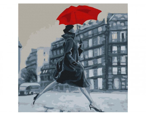 Картина по номерам 30х30 ДЕВУШКА С КРАСНЫМ ЗОНТОМ (14 цветов)