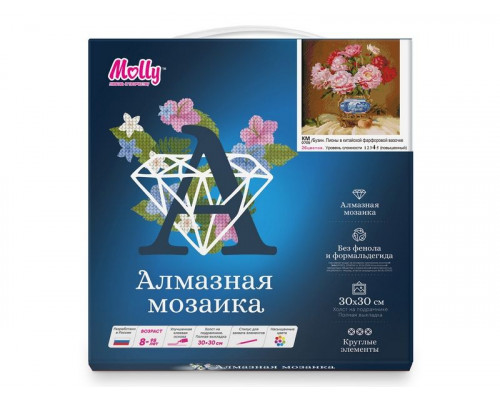 Алмазная мозаика 30х30 БУЗИН. ПИОНЫ В КИТАЙСКОЙ ФАРФОРОВОЙ ВАЗОЧКЕ (26 цветов)