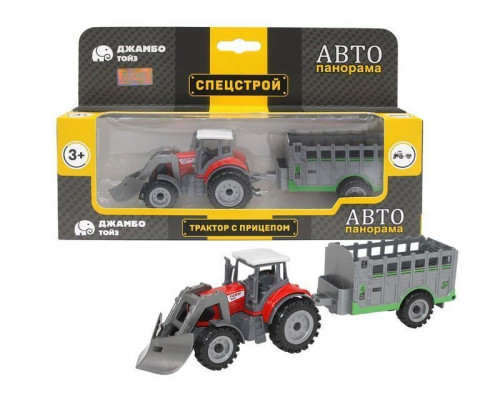 Машина АВТОПАНОРАМА ТРАКТОР С ПРИЦЕПОМ, красный, в/к 27,5*5,5*9,5 см