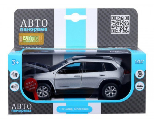 Машина АВТОПАНОРАМА Jeep  Cherokee, 1/32, серебряный, инерция, свет, звук, в/к 17,5*13,5*9 см