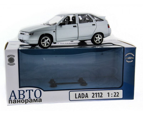 Машина АВТОПАНОРАМА ВАЗ 2112 серебристый,1/22, инерция, Pull Bаck механизм, в/к 10*12*22 cм