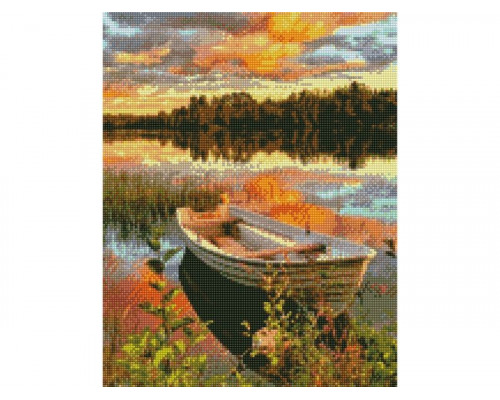 Алмазная мозаика с нанесенной рамкой 40х50 ЛОДКА НА ОЗЕРЕ (36 цветов)
