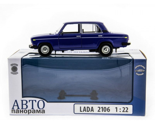 Машина АВТОПАНОРАМА ВАЗ 2106 синяя ,1/22, инерция, Pull Bаck механизм, в/к 10*12*22 cм