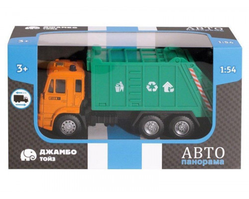 Машина АВТОПАНОРАМА Мусоровоз, 1:54, цвет зеленый, инерция, в/к 16,5*6,3*9