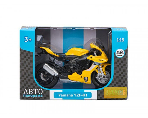 Мотоцикл АВТОПАНОРАМА YAMAHA YZF-R1, 1/18, металл, желтый, свободный ход колес
