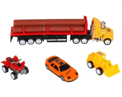 Набор AUTODRIVE «Транспорт» фрикционный, трейлер с бревнами с транспортом 4-7см, в/к 24*4,5*18 см