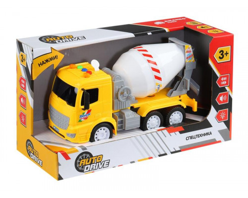 Машина AUTODRIVE Автомиксер 21см инерц. на бат. со светом и звуком, желтый,  в/к 29,5*12*16,5