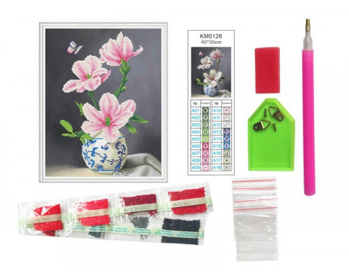 Алмазная мозаика с нанесенной рамкой 40х50 ВЕТКА МАГНОЛИИ (18 цветов)