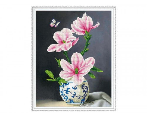 Алмазная мозаика с нанесенной рамкой 40х50 ВЕТКА МАГНОЛИИ (18 цветов)