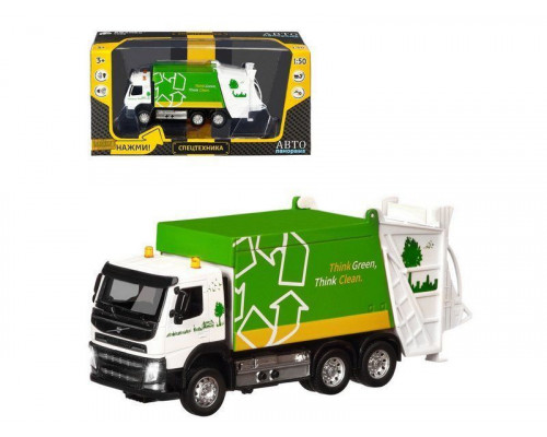 Машина АВТОПАНОРАМА Volvo мусоровоз, зеленый, 1/50, свет, звук, в/к 28*14*10 см