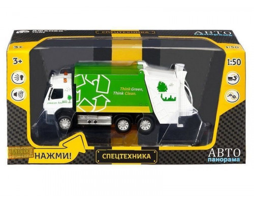 Машина АВТОПАНОРАМА Volvo мусоровоз, зеленый, 1/50, свет, звук, в/к 28*14*10 см