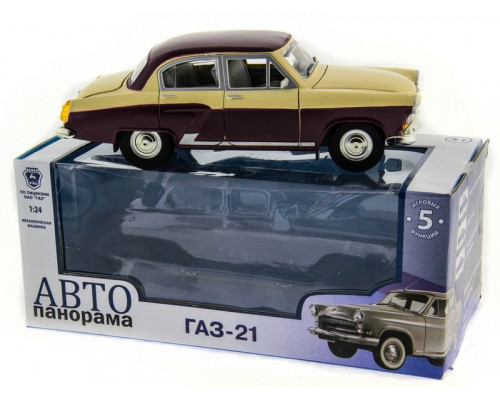 Машина АВТОПАНОРАМА ГАЗ-21 Волга 1/24 в/к  26*12*11см, желто-бордовая