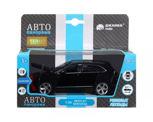 Машина АВТОПАНОРАМА Bentley Bentayga, черный, 1/34, свет, звук, инерция, в/к 17,5*13,5*9 см