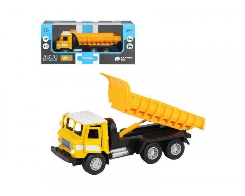 Машина АВТОПАНОРАМА Грузовик, 1/32, желтый, откр. двери, свет, звук, инерция, в/к 24*8*10 см