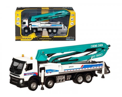 Машина АВТОПАНОРАМА Volvo бетононасос, белый, 1/50, свет, звук, в/к 28*14*10 см