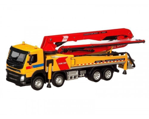 Машина АВТОПАНОРАМА Volvo бетононасос, желтый, 1/50, свет, звук, в/к 28*14*10 см