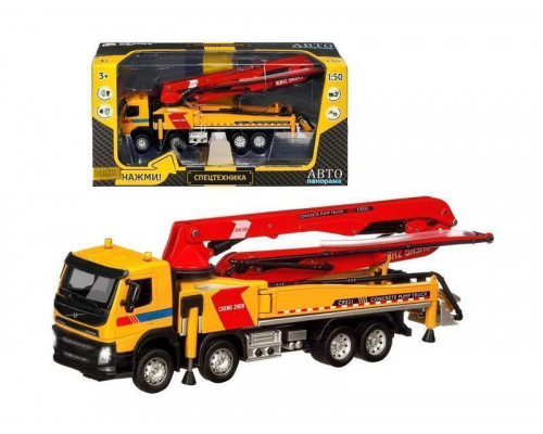 Машина АВТОПАНОРАМА Volvo бетононасос, желтый, 1/50, свет, звук, в/к 28*14*10 см