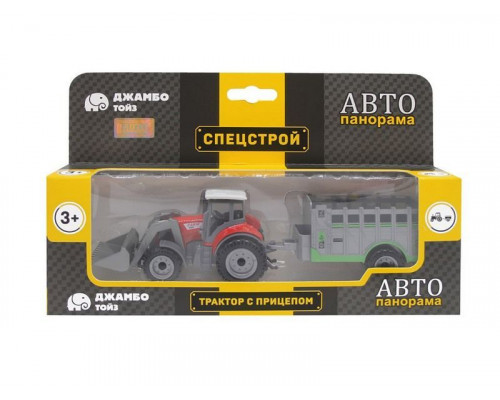 Машина АВТОПАНОРАМА ТРАКТОР-ПОГРУЗЧИК С ПРИЦЕПОМ, красный, в/к 27,5*5,5*9,5 см