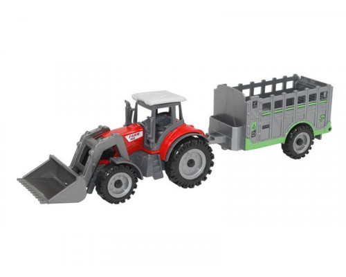 Машина АВТОПАНОРАМА ТРАКТОР-ПОГРУЗЧИК С ПРИЦЕПОМ, красный, в/к 27,5*5,5*9,5 см