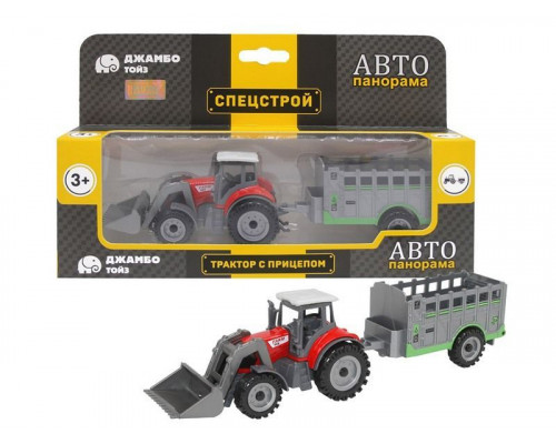 Машина АВТОПАНОРАМА ТРАКТОР-ПОГРУЗЧИК С ПРИЦЕПОМ, красный, в/к 27,5*5,5*9,5 см