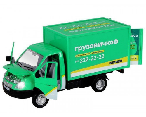 Машина АВТОПАНОРАМА ГАЗель-бизнес Грузовичкоф, 1/28, зеленый, свет, звук, в/к 24*14*12 см