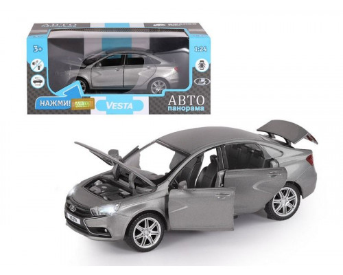 Машина АВТОПАНОРАМА LADA VESTA седан, 1/24,  серый, свет. звук. эффекты, в/к 24,5*12,5*10,5 см