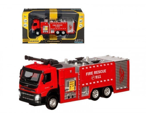 Машина АВТОПАНОРАМА Volvo пожарная машина, красный, 1/50, свет, звук, в/к 28*14*10 см