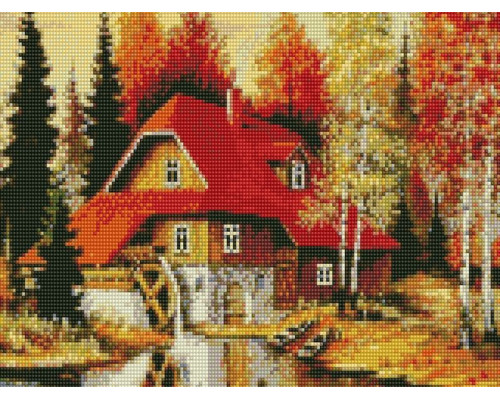 Алмазная мозаика с нанесенной рамкой 40х50 ВОДЯНАЯ МЕЛЬНИЦА (34 цвета)