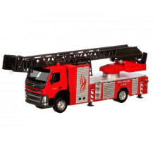 Машина "АВТОПАНОРАМА" Volvo пожарная машина-лестница, красный, 1/50, свет, звук, в/к 28*14*10 см