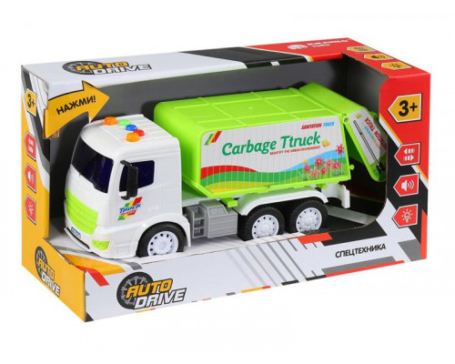 Машина AUTODRIVE Мусоровоз 21см инерц. на бат. со светом и звуком, зеленый,  в/к 29,5*12*16,5